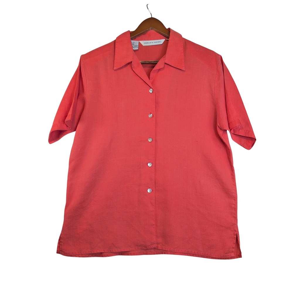 VTG Carlie's Court Linen Shirt Coral Pink Shoulder Pads Sz 14 Cottagecore Light